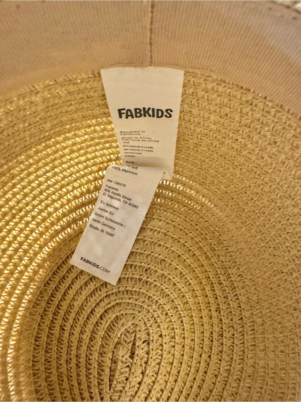 fabkids Beige Straw Sun Hat with Black Bow